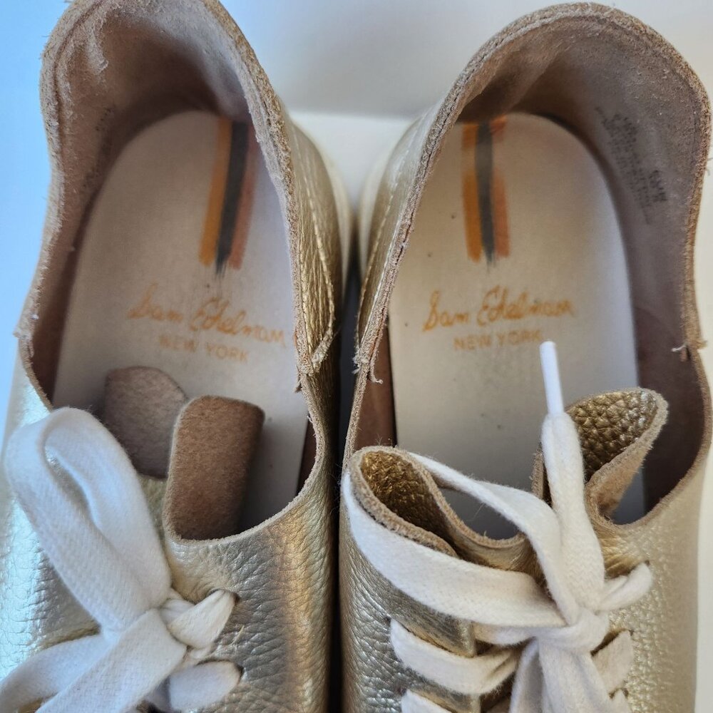 Sam Edelman Poppy Gold Leather Lace-Up Sneakers Metallic Glam Casual Showgirl - Picture 4 of 8